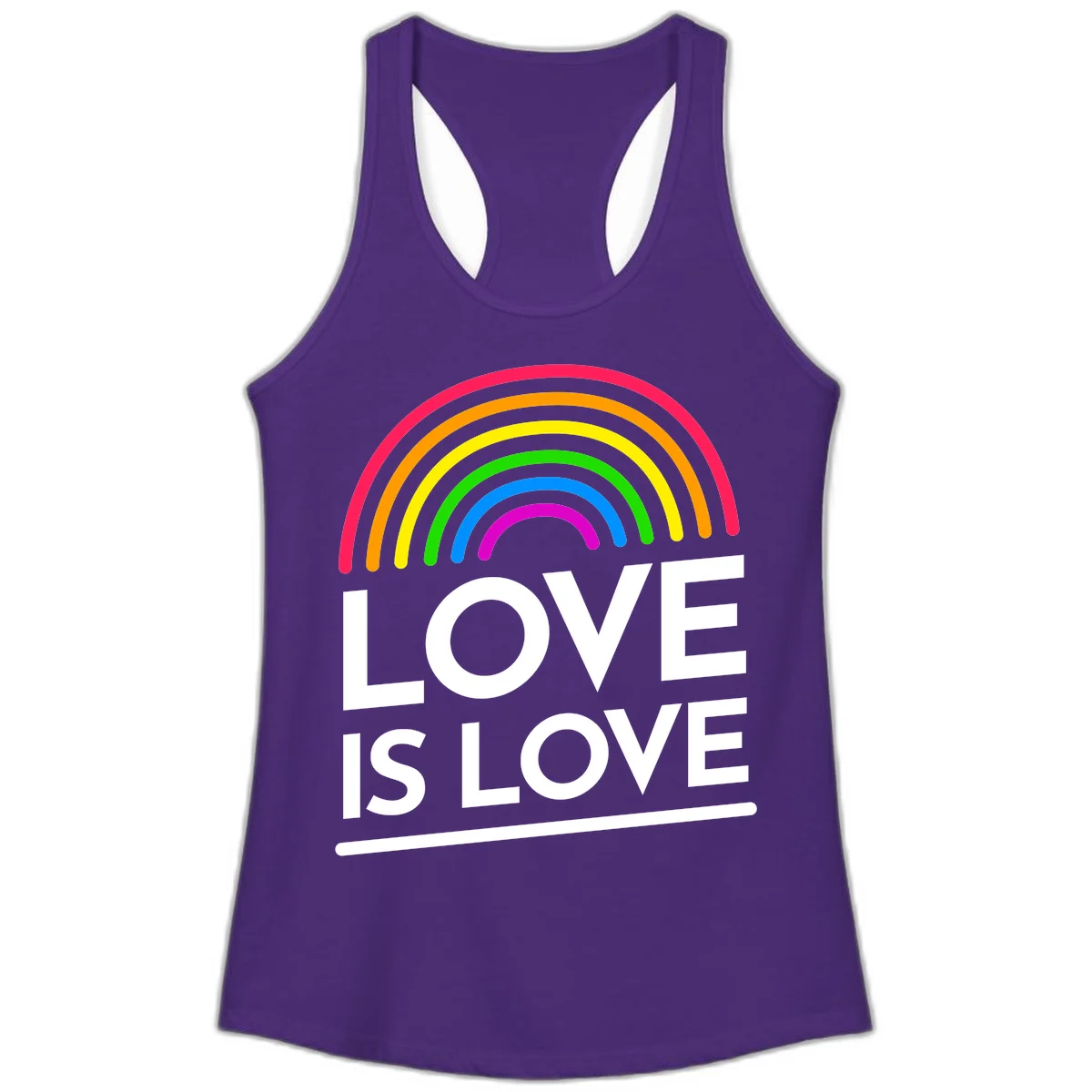 Love is love pride design with colorful rainbow arc and white text on gray background in Solid Purple Rush
