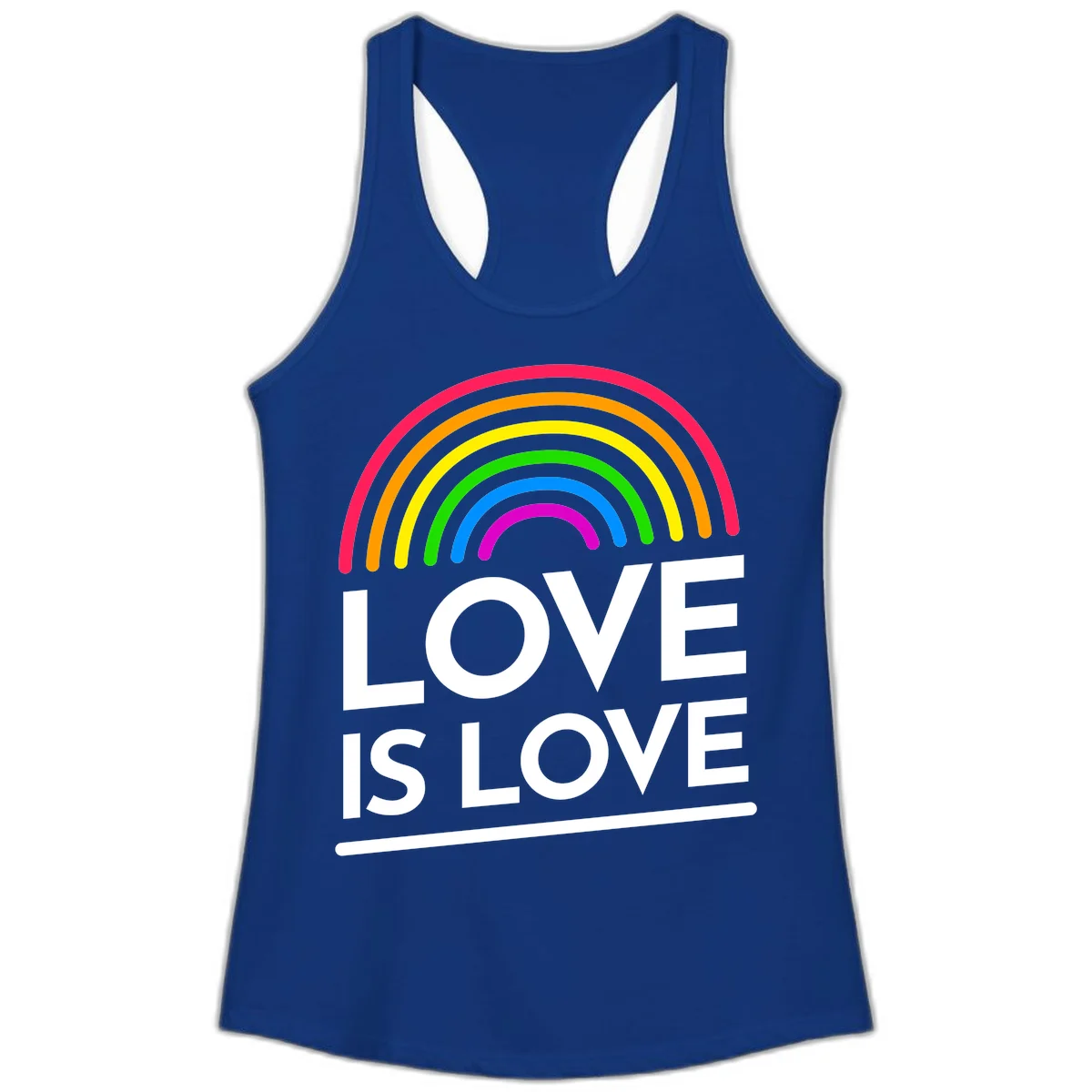 Love is love pride design with colorful rainbow arc and white text on gray background in Solid Royal