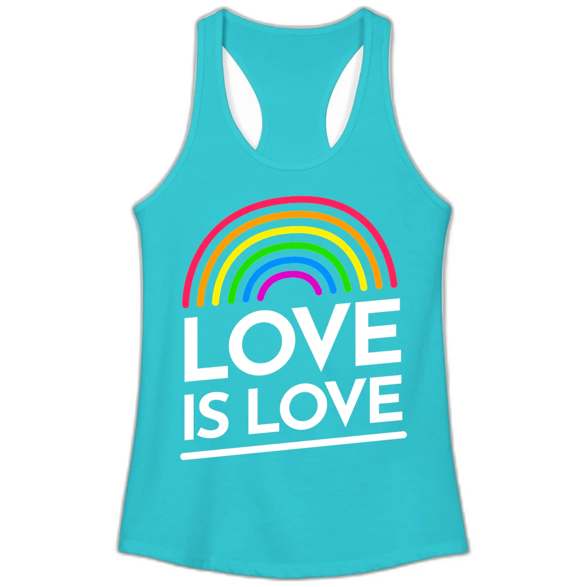 Love is love pride design with colorful rainbow arc and white text on gray background in Solid Tahiti Blue