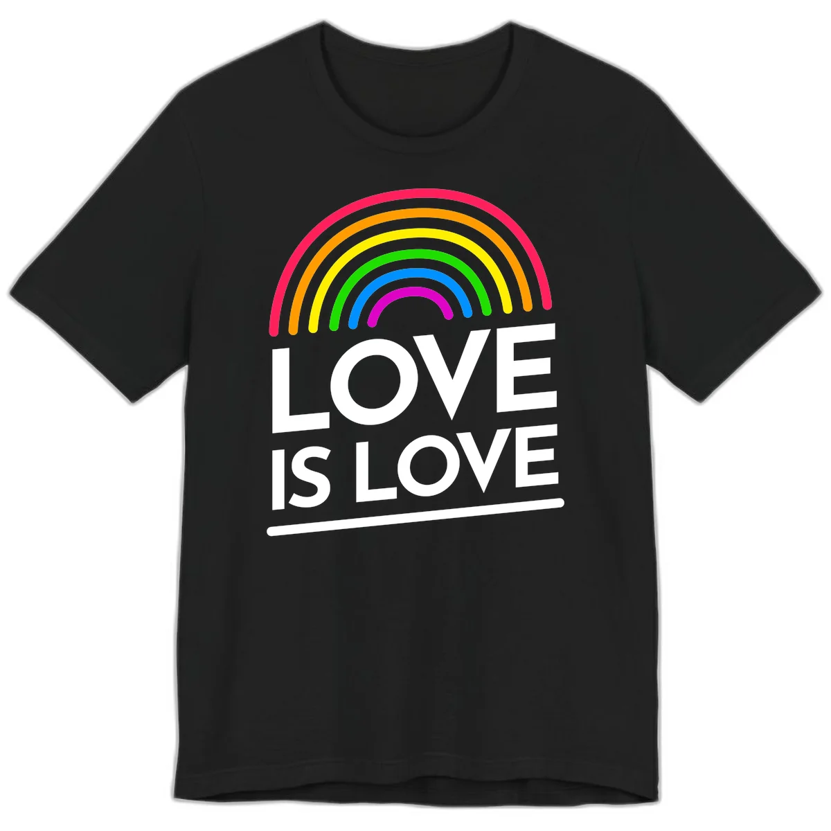 Love is love pride design with colorful rainbow arc and white text on gray background in Black