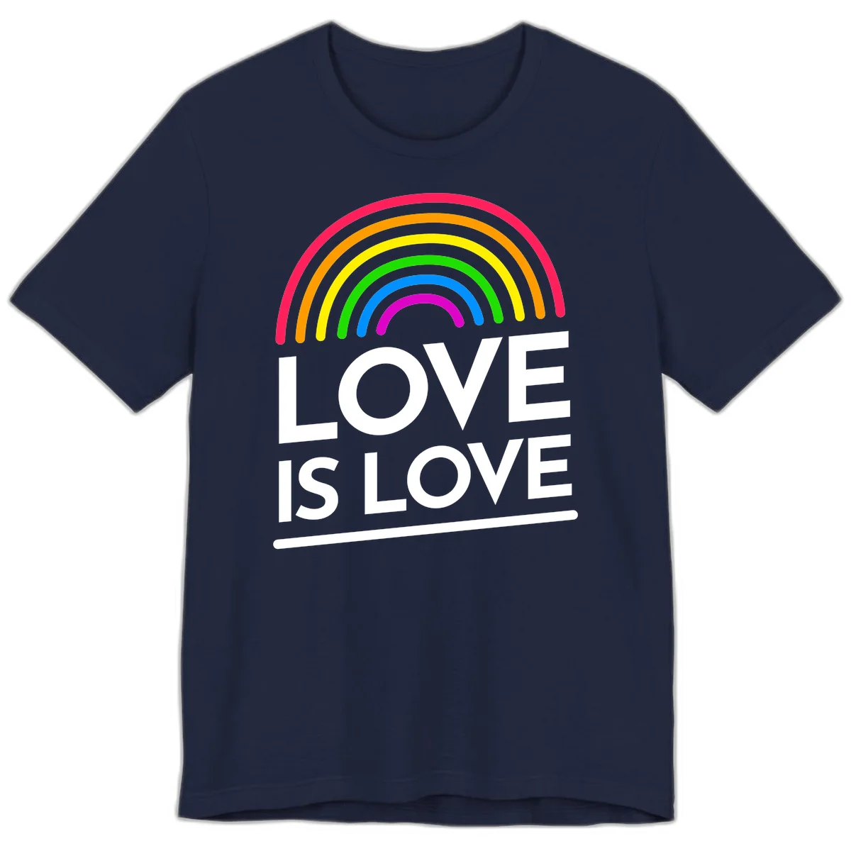 Love is love pride design with colorful rainbow arc and white text on gray background in Navy
