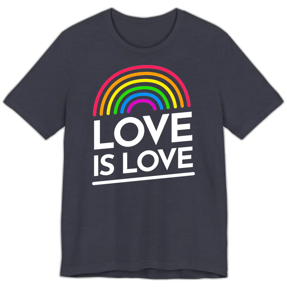 Love is love pride design with colorful rainbow arc and white text on gray background in Heather Midnight Navy