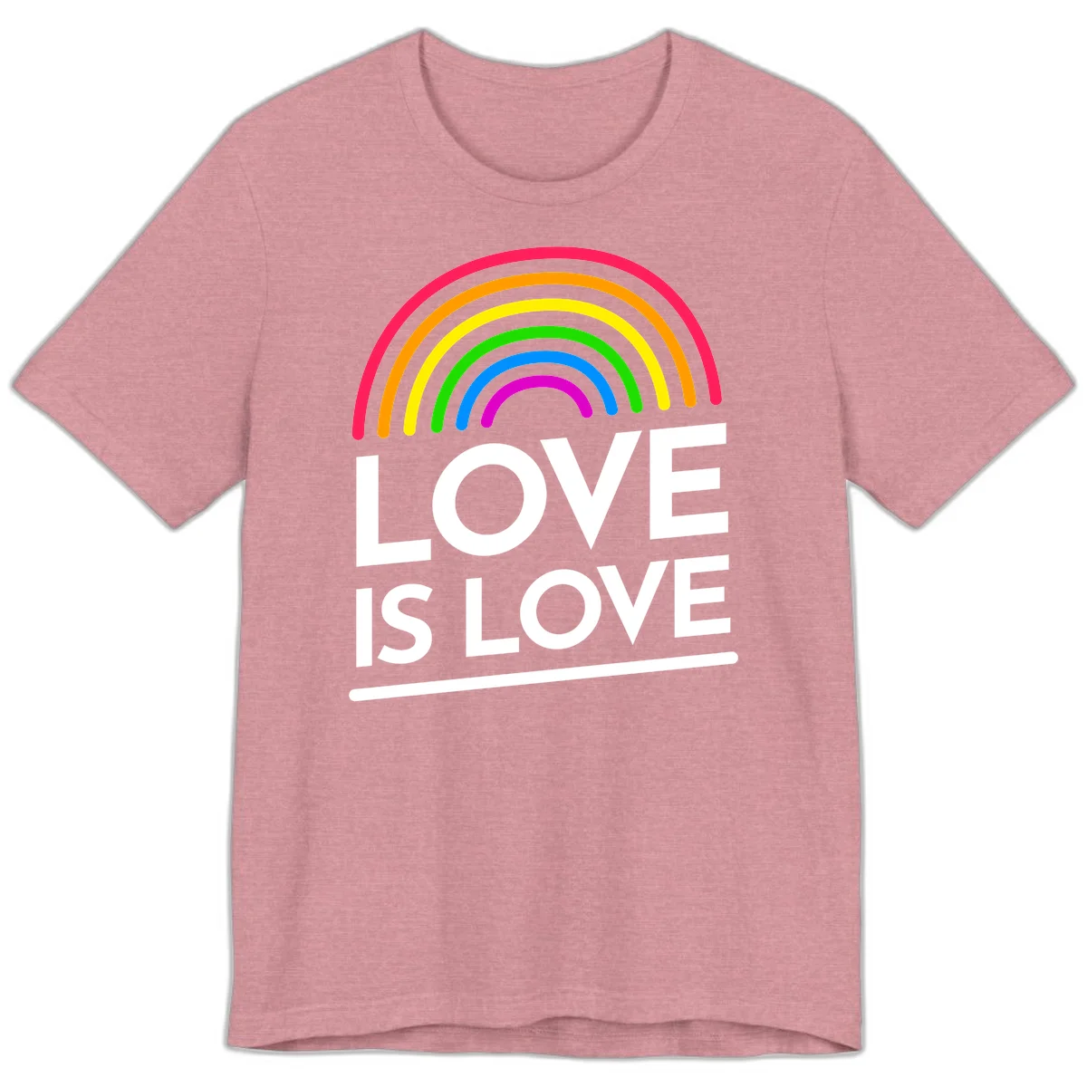 Love is love pride design with colorful rainbow arc and white text on gray background in Heather Orchid