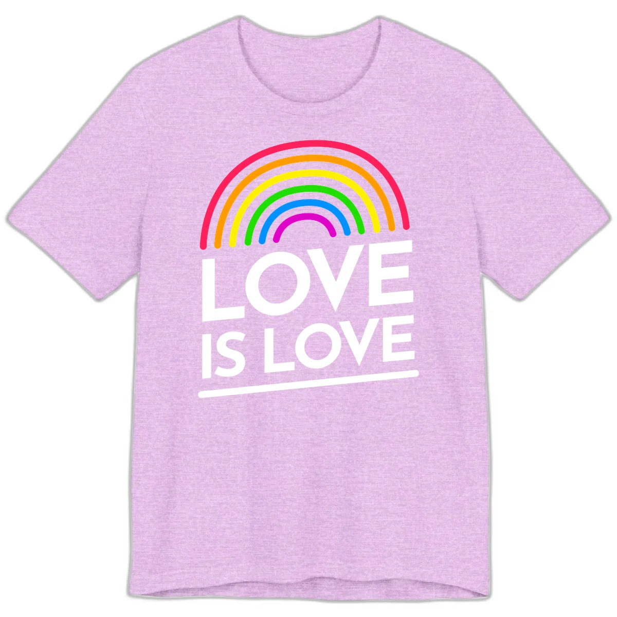Love is love pride design with colorful rainbow arc and white text on gray background in Heather Prism Lilac