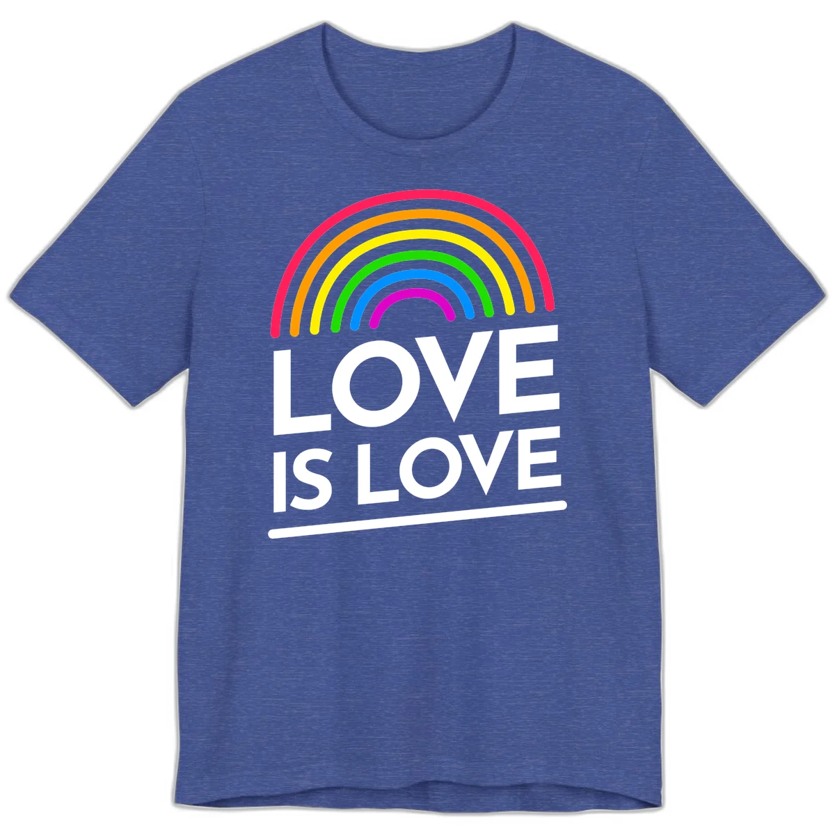 Love is love pride design with colorful rainbow arc and white text on gray background in Heather True Royal