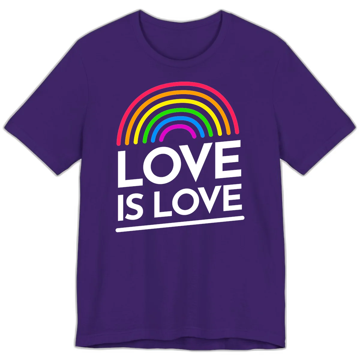 Love is love pride design with colorful rainbow arc and white text on gray background in Team Purple