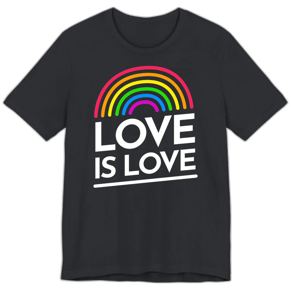 Love is love pride design with colorful rainbow arc and white text on gray background in Vintage Black