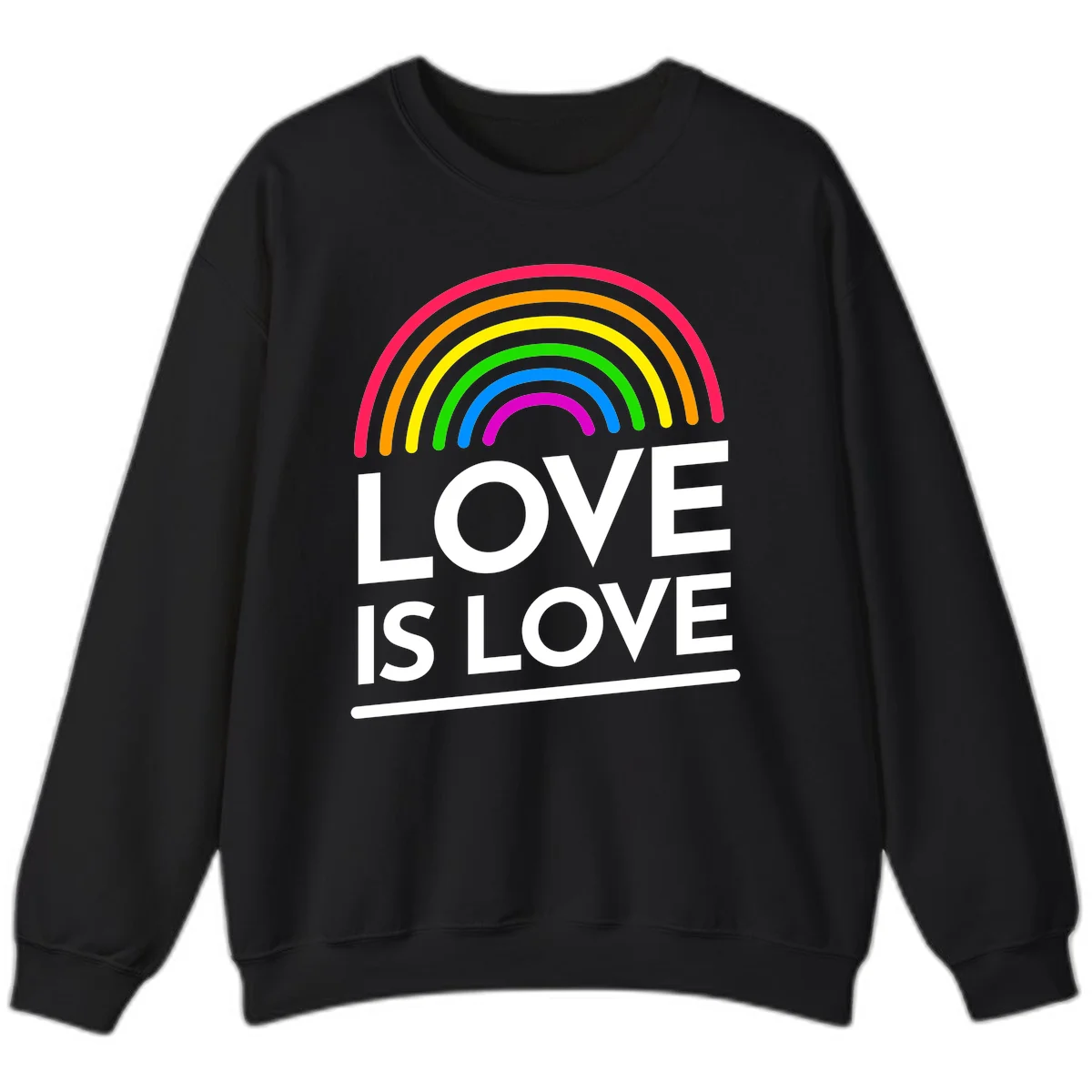 Love is love pride design with colorful rainbow arc and white text on gray background in Black