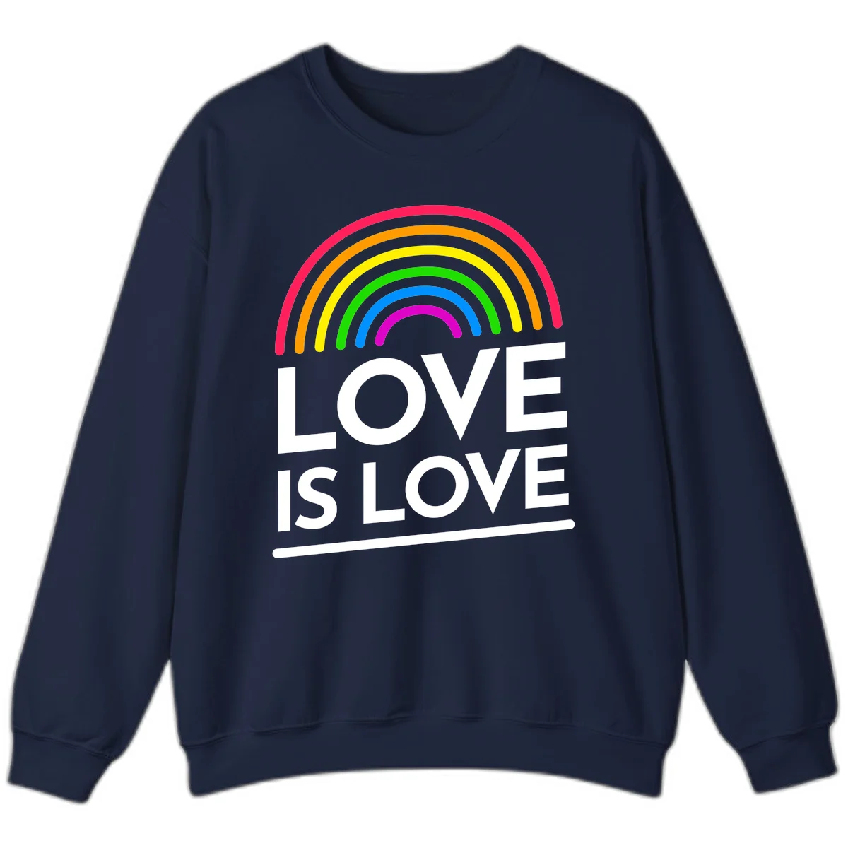 Love is love pride design with colorful rainbow arc and white text on gray background in Navy