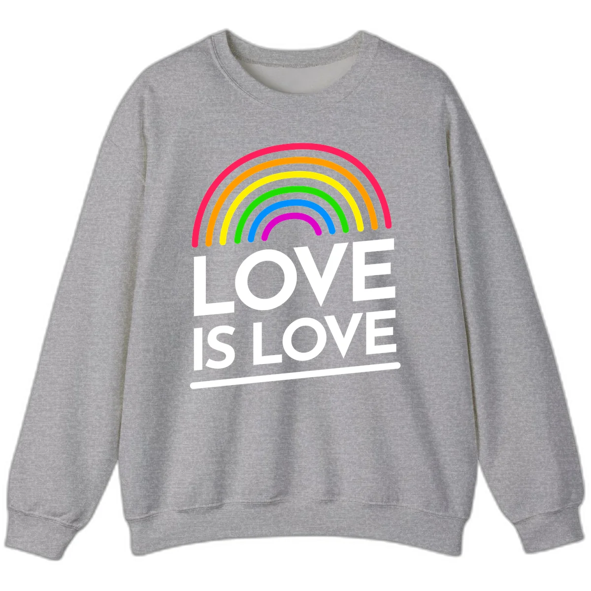 Love is love pride design with colorful rainbow arc and white text on gray background in Sport Grey