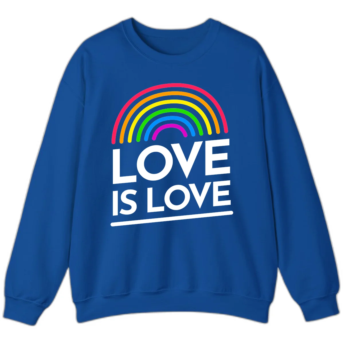 Love is love pride design with colorful rainbow arc and white text on gray background in Royal