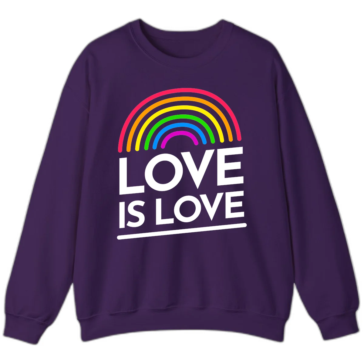 Love is love pride design with colorful rainbow arc and white text on gray background in Purple