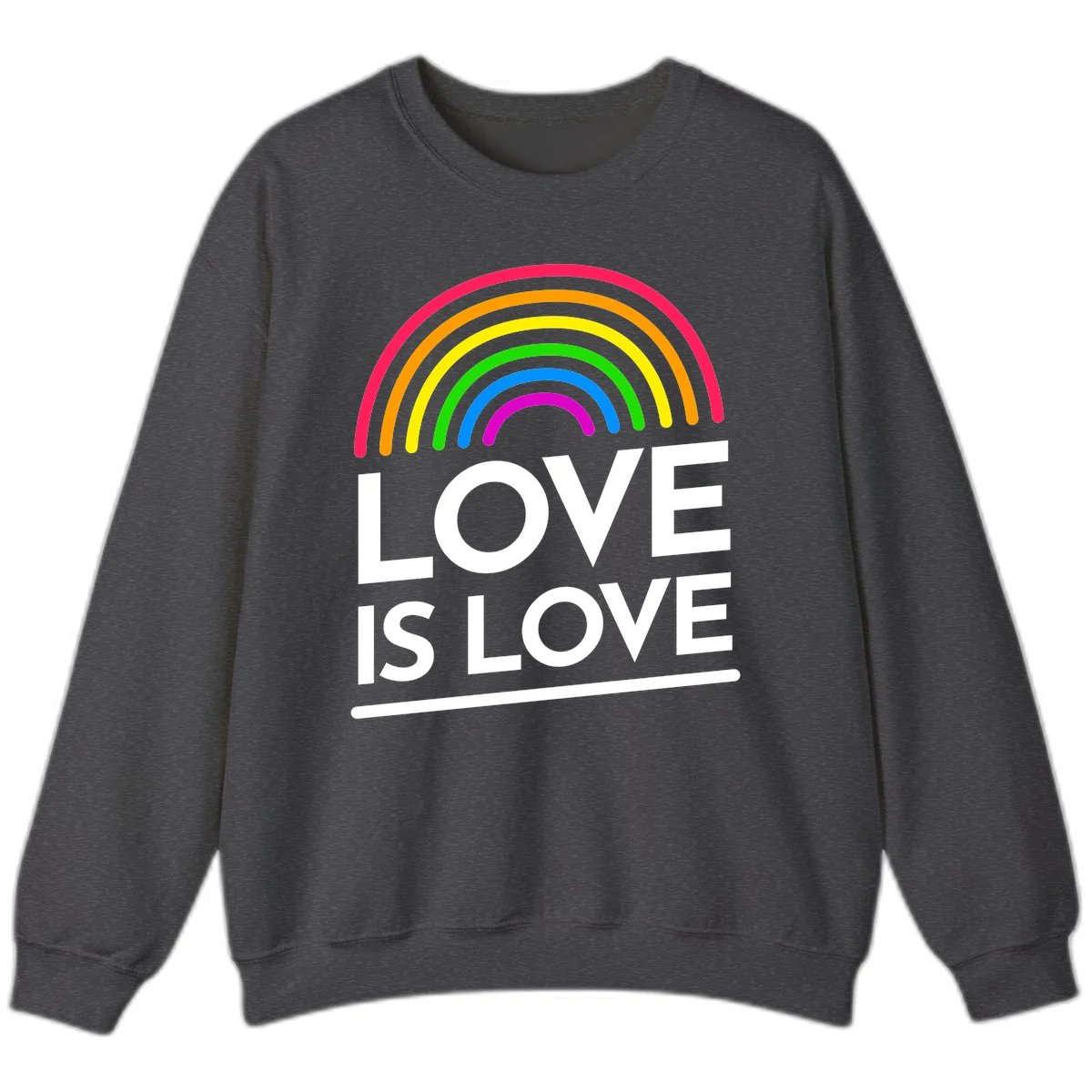 Love is love pride design with colorful rainbow arc and white text on gray background in Dark Heather