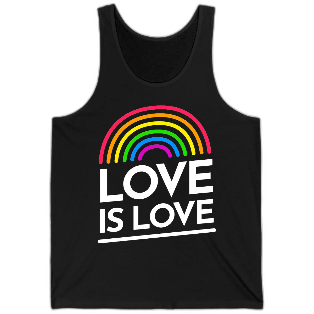 Love is love pride design with colorful rainbow arc and white text on gray background in Black