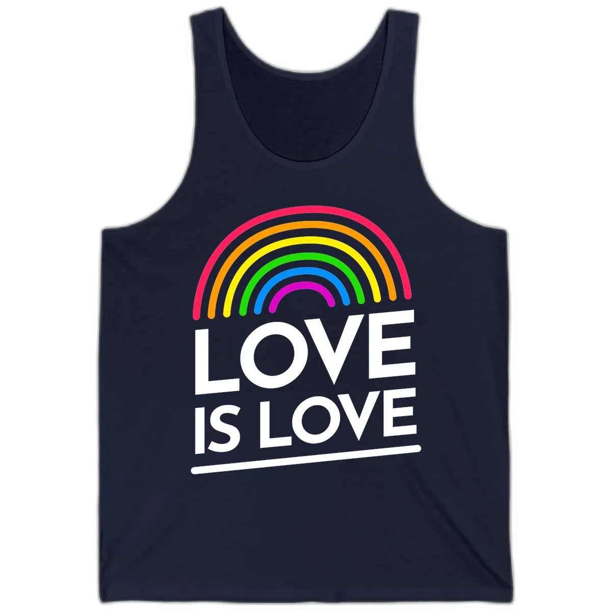 Love is love pride design with colorful rainbow arc and white text on gray background in Navy