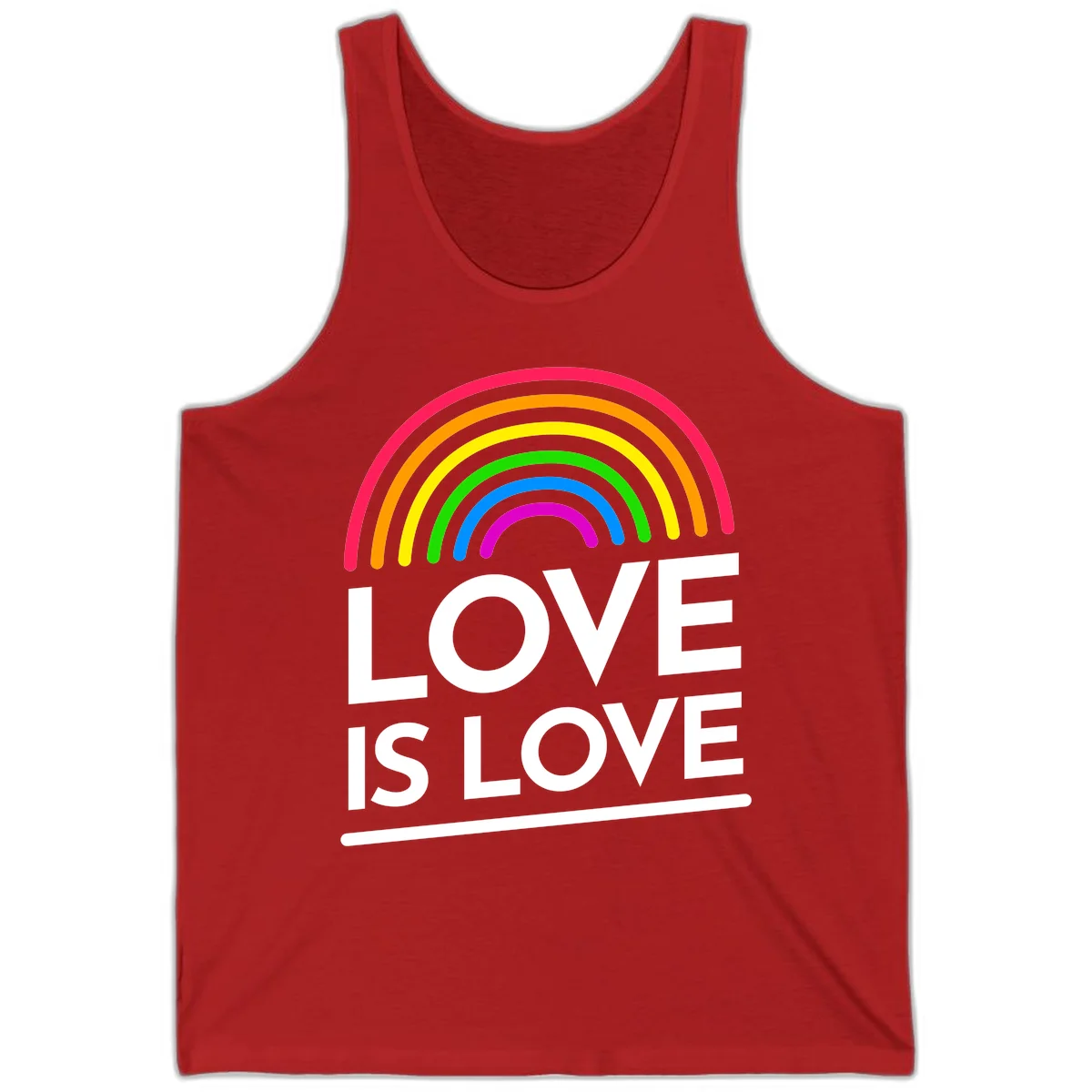 Love is love pride design with colorful rainbow arc and white text on gray background in Red