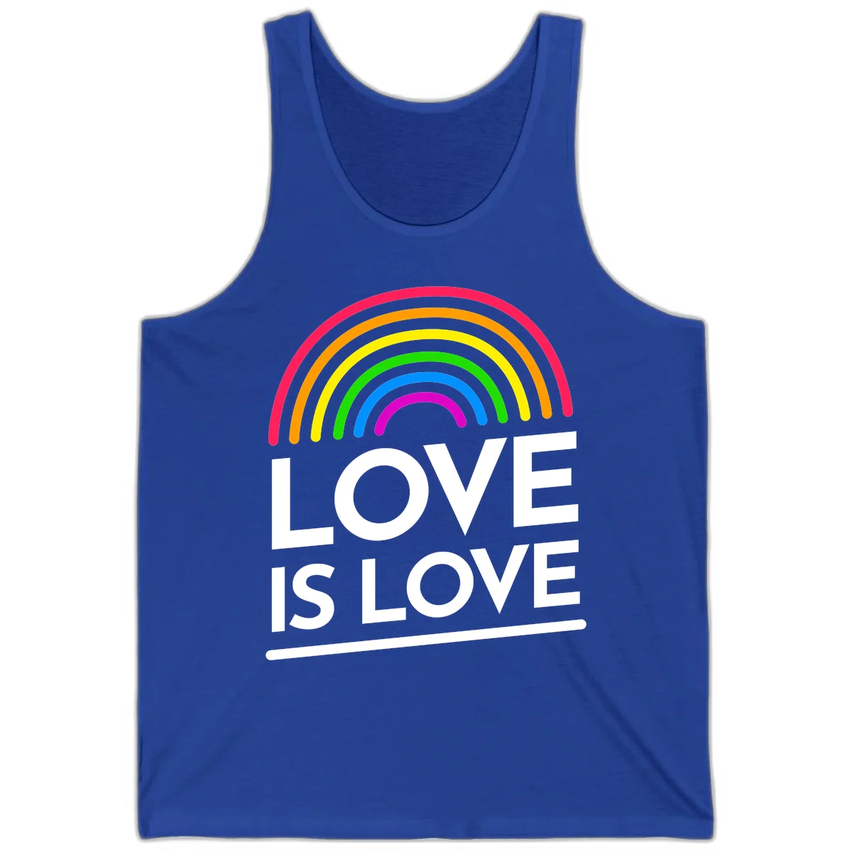 Love is love pride design with colorful rainbow arc and white text on gray background in True Royal