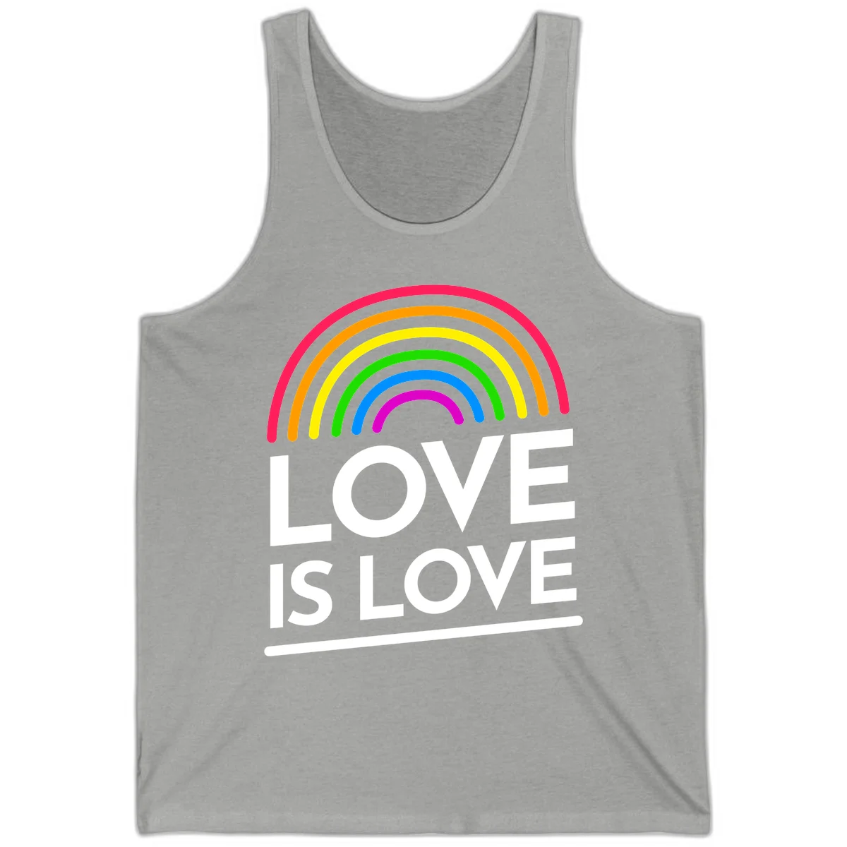 Love is love pride design with colorful rainbow arc and white text on gray background in Athletic Heather
