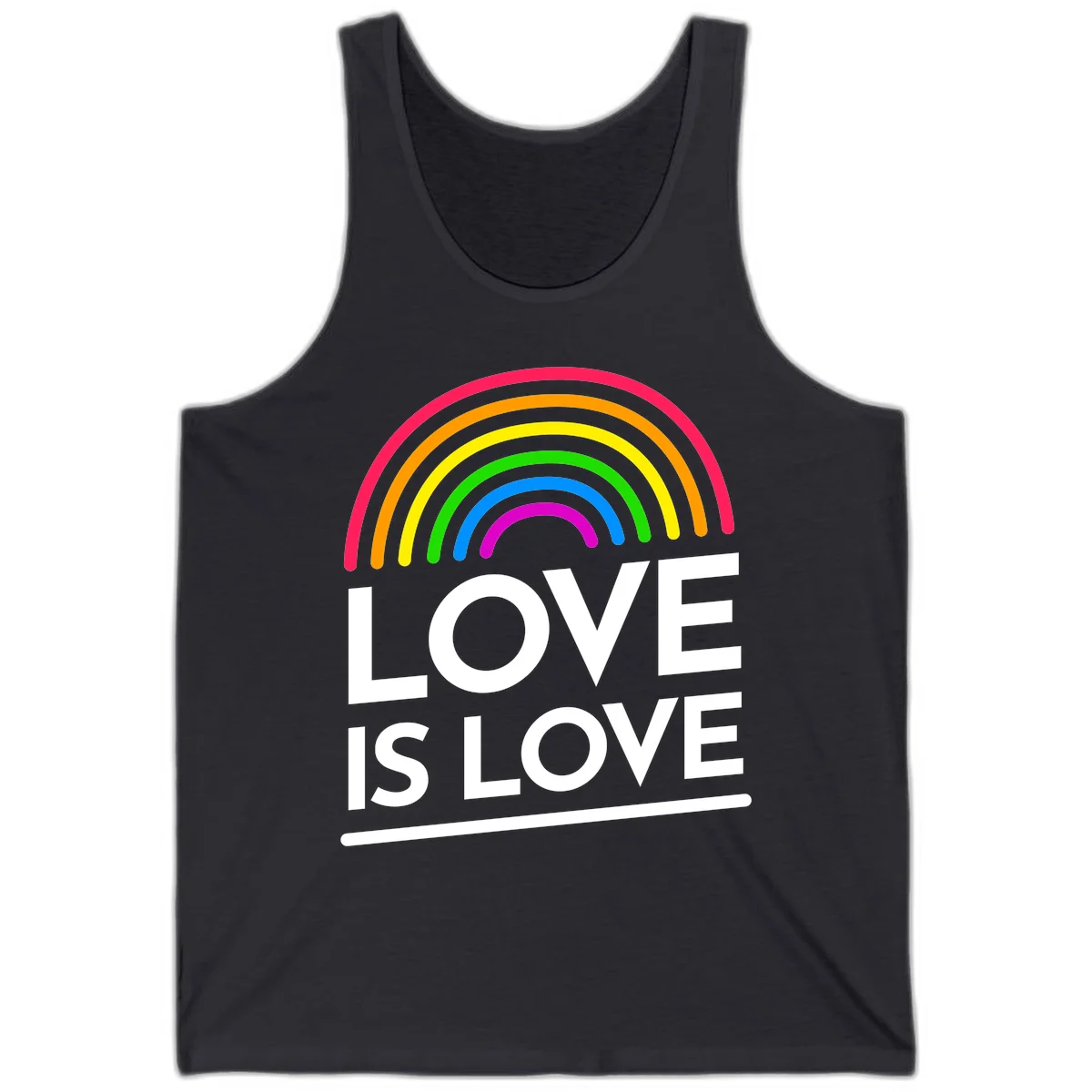 Love is love pride design with colorful rainbow arc and white text on gray background in Dark Grey