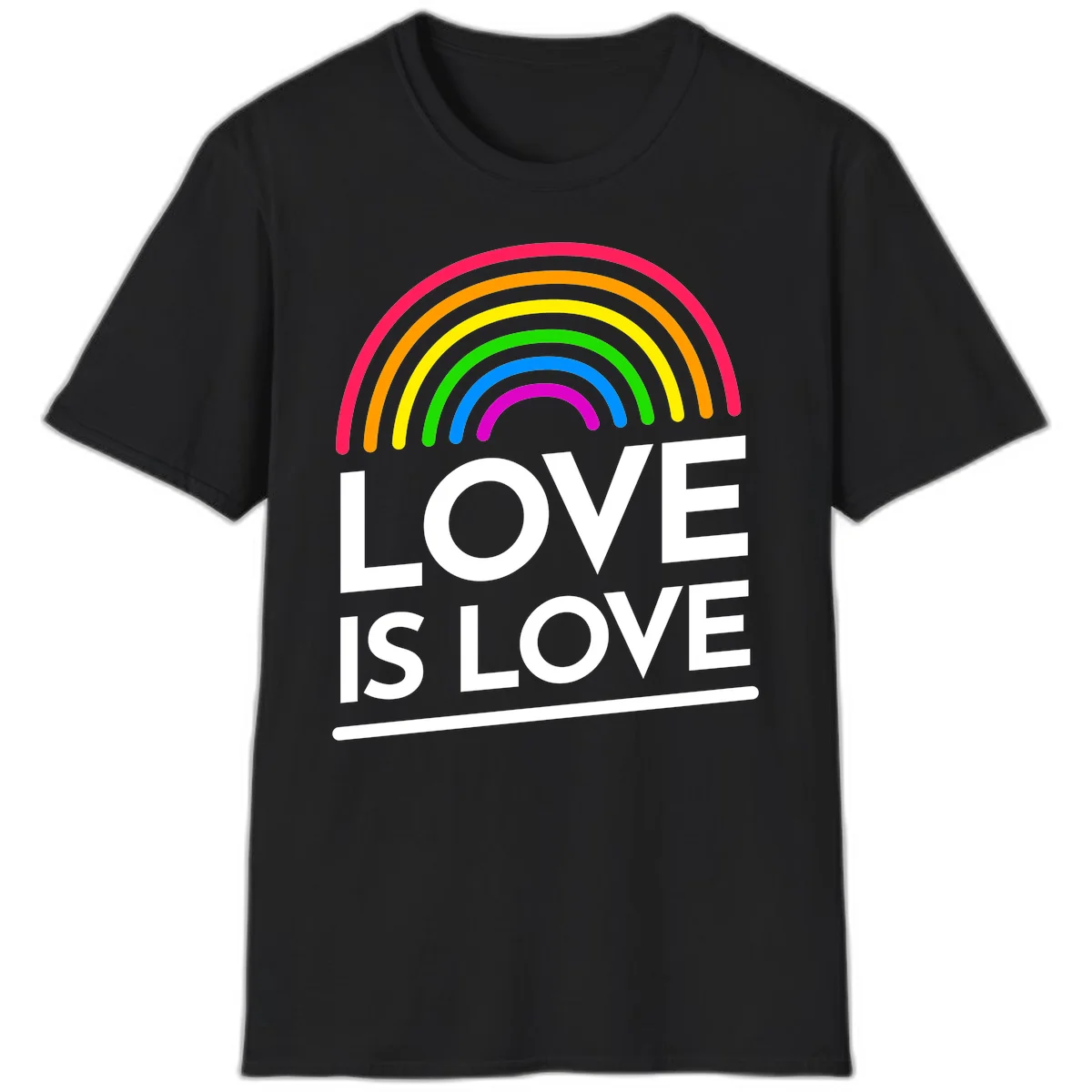 Love is love pride design with colorful rainbow arc and white text on gray background in Black