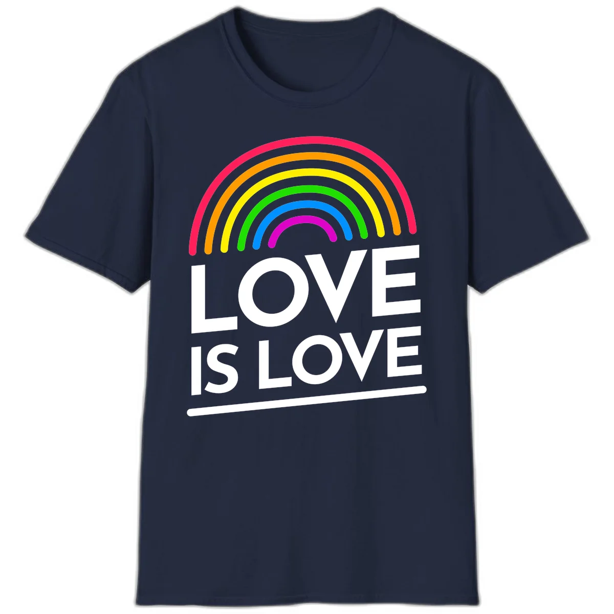 Love is love pride design with colorful rainbow arc and white text on gray background in Navy