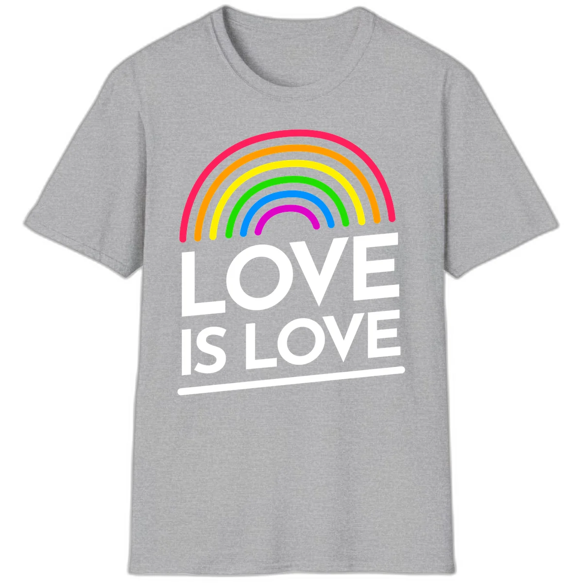 Love is love pride design with colorful rainbow arc and white text on gray background in Sport Grey