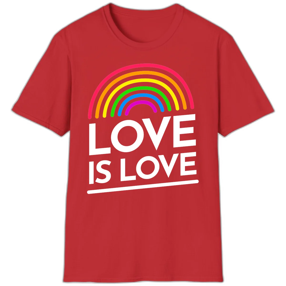 Love is love pride design with colorful rainbow arc and white text on gray background in Red