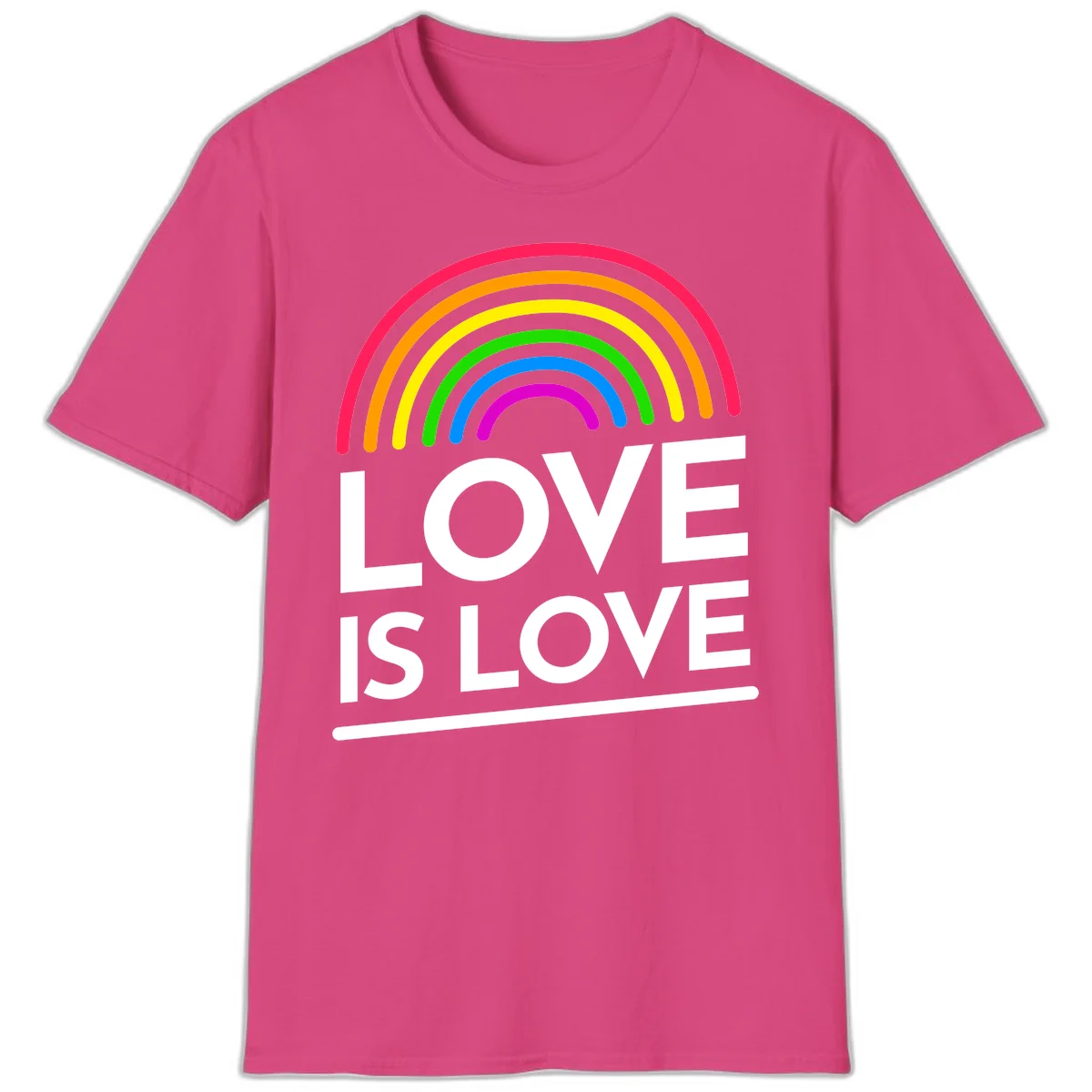 Love is love pride design with colorful rainbow arc and white text on gray background in Heliconia