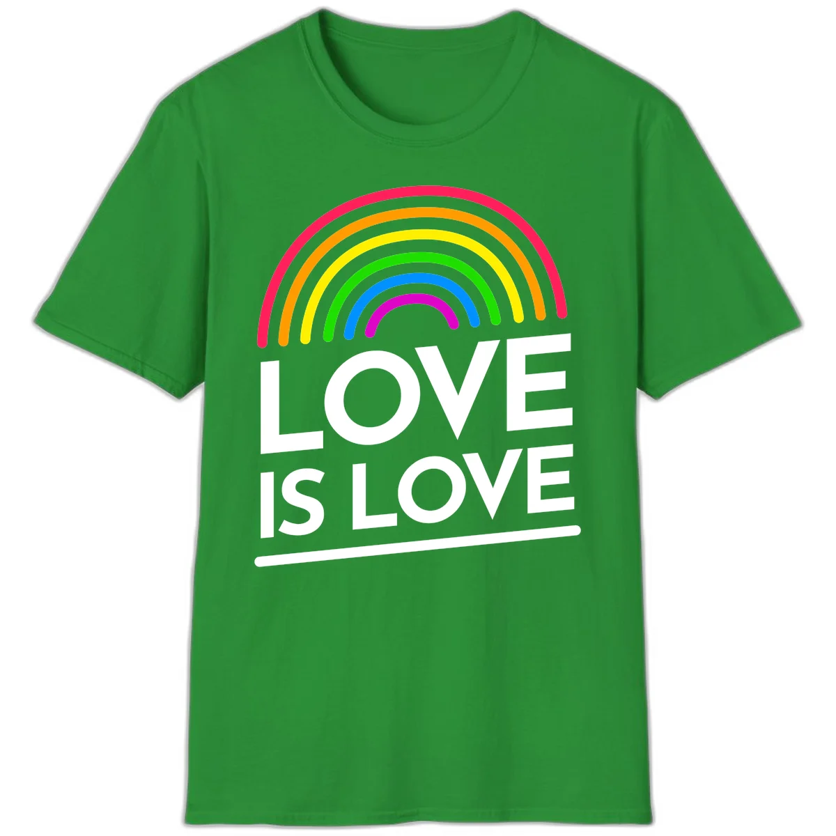 Love is love pride design with colorful rainbow arc and white text on gray background in Irish Green
