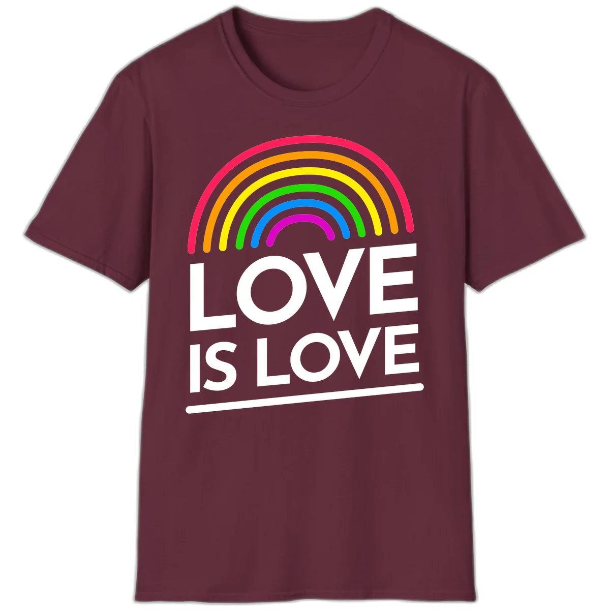 Love is love pride design with colorful rainbow arc and white text on gray background in Maroon