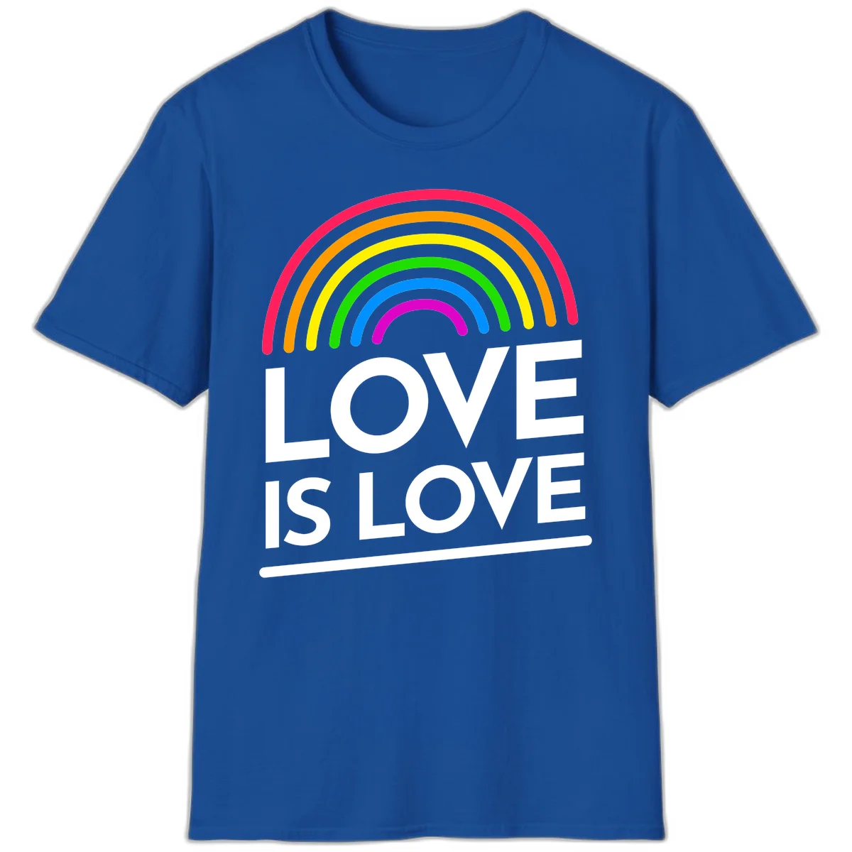 Love is love pride design with colorful rainbow arc and white text on gray background in Royal