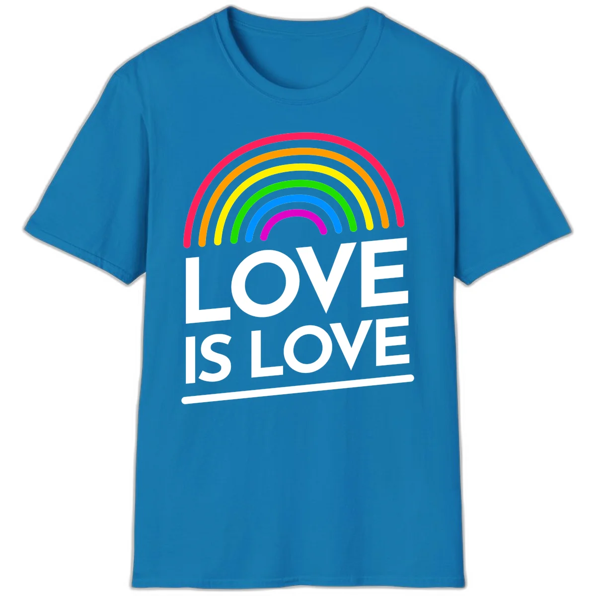 Love is love pride design with colorful rainbow arc and white text on gray background in Sapphire