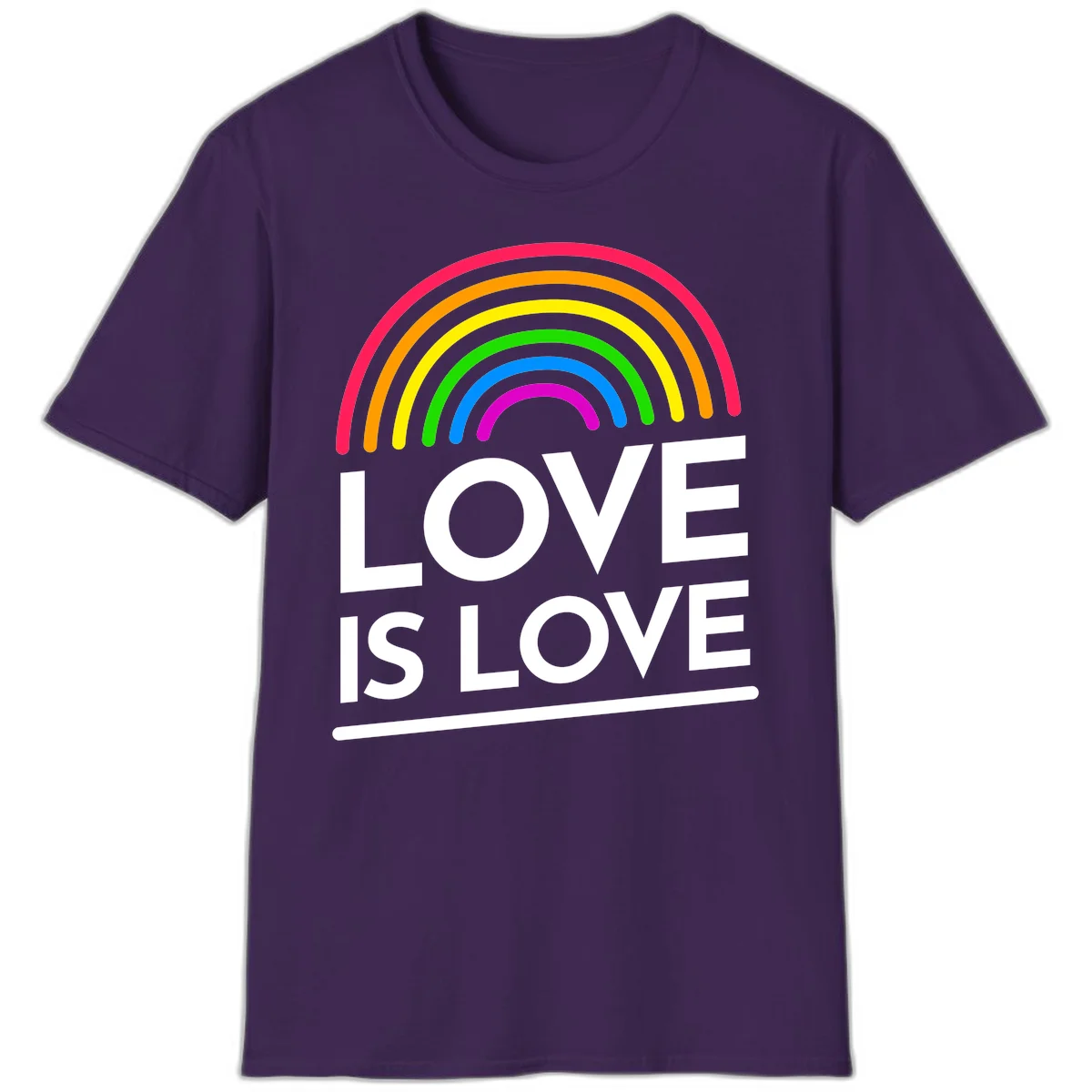 Love is love pride design with colorful rainbow arc and white text on gray background in Purple
