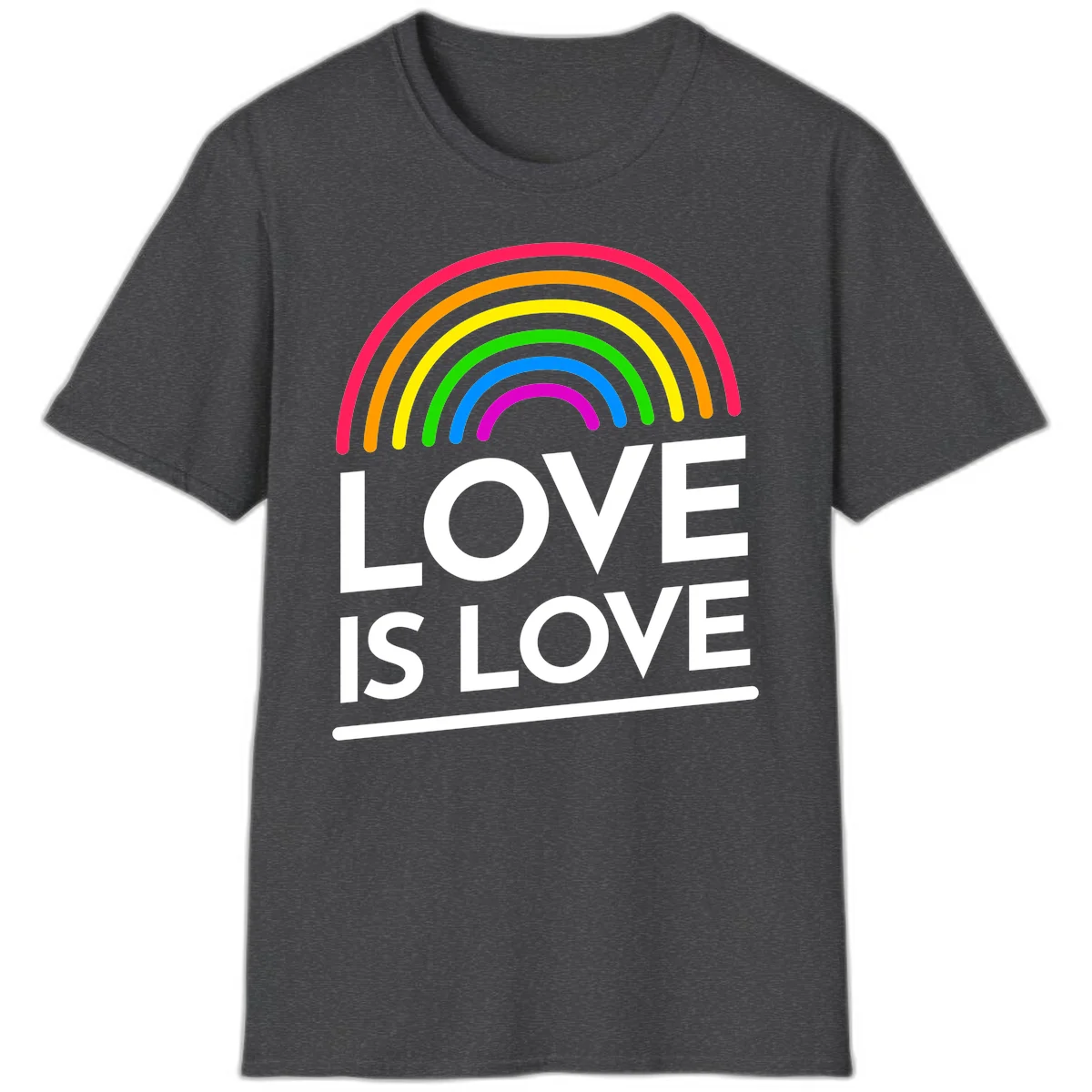 Love is love pride design with colorful rainbow arc and white text on gray background in Dark Heather