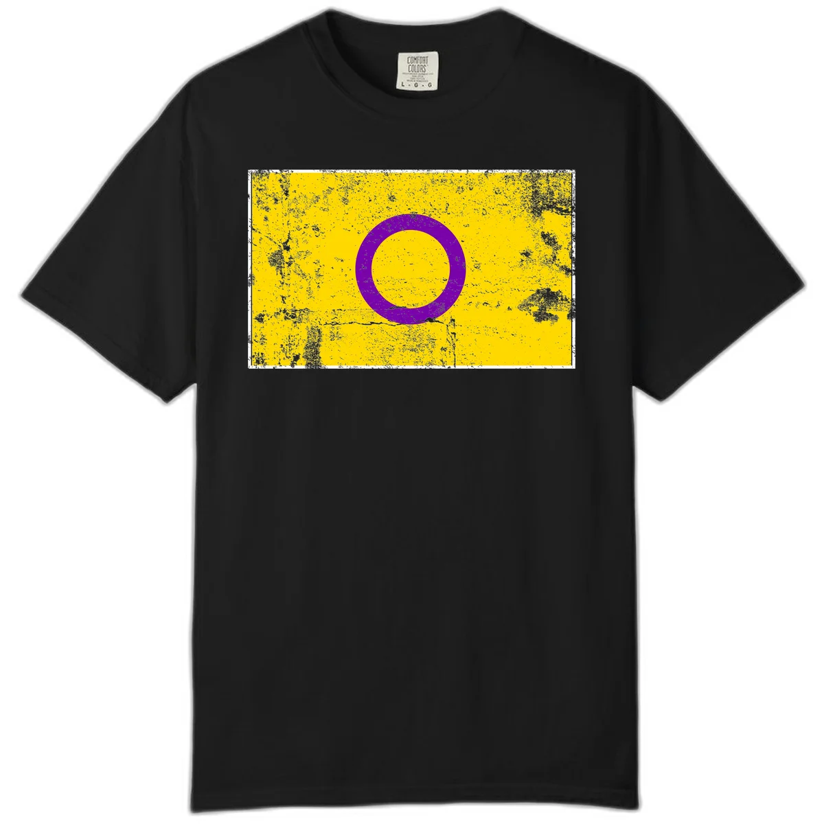 Purple circle ring on yellow background with distressed grunge texture overlay, minimalist geometric design in Black