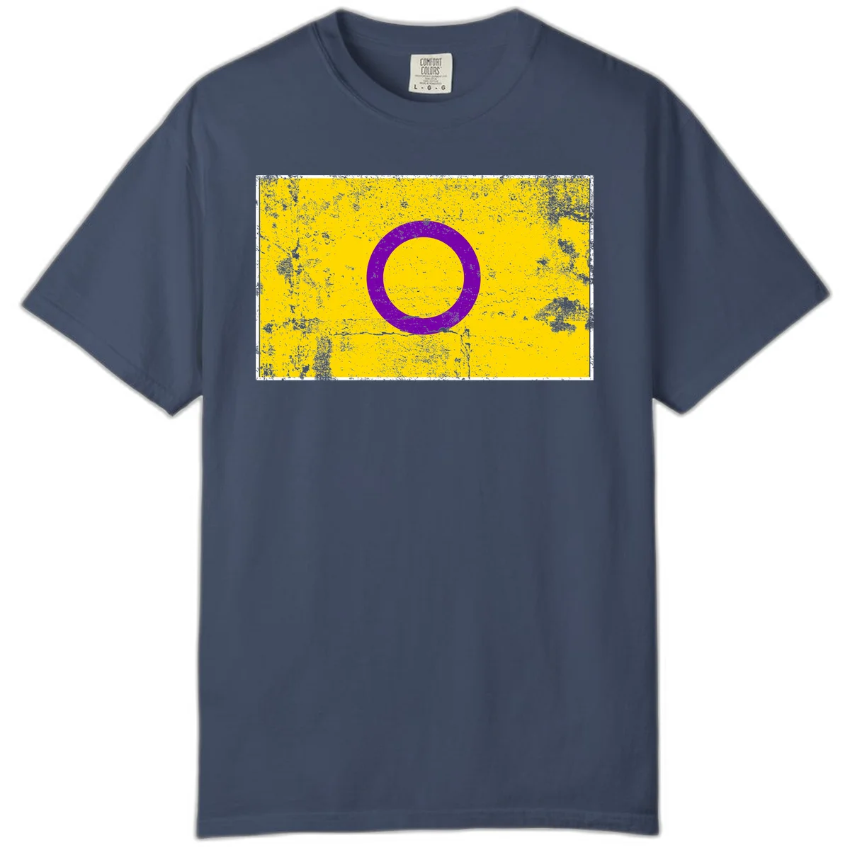 Purple circle ring on yellow background with distressed grunge texture overlay, minimalist geometric design in Midnight