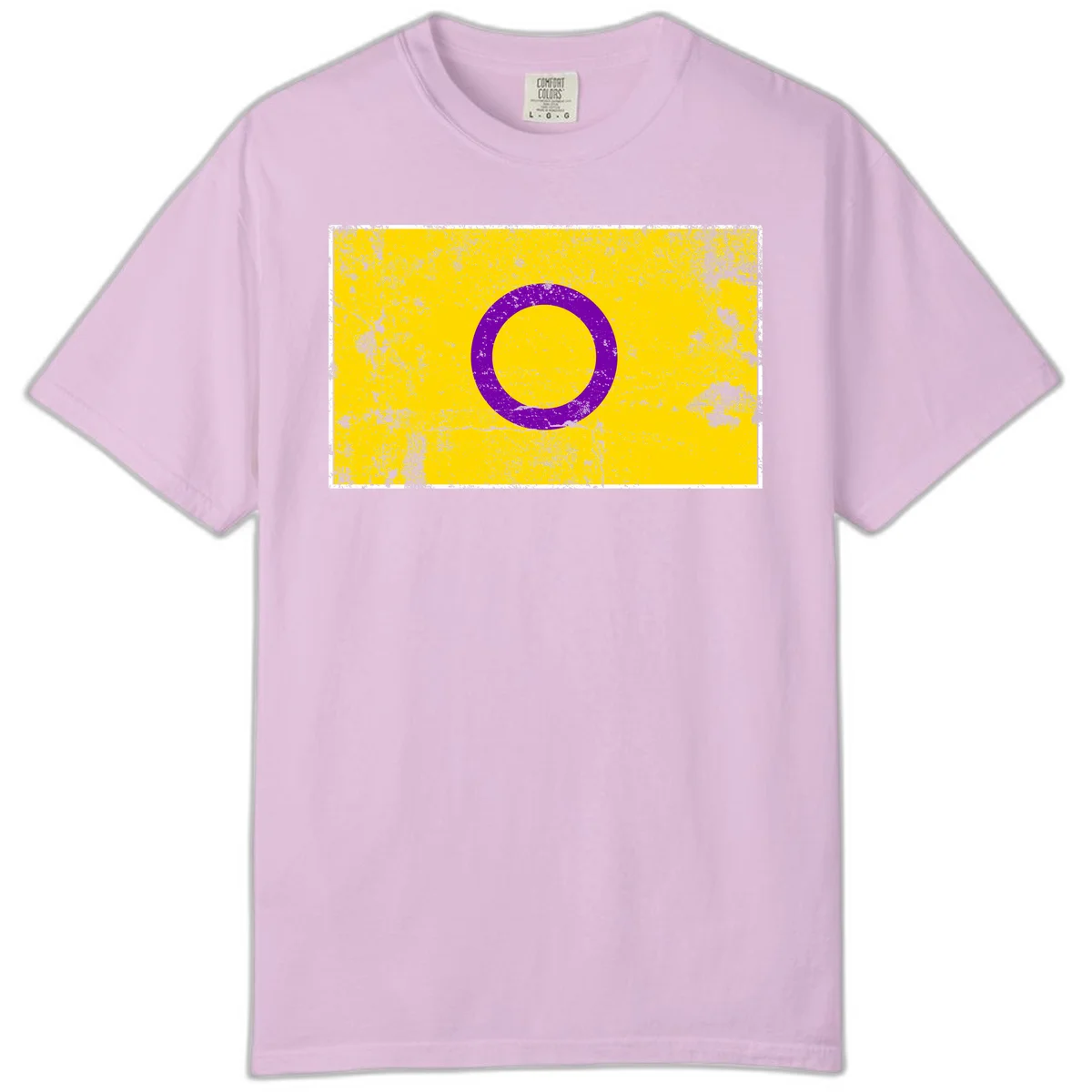 Purple circle ring on yellow background with distressed grunge texture overlay, minimalist geometric design in Orchid