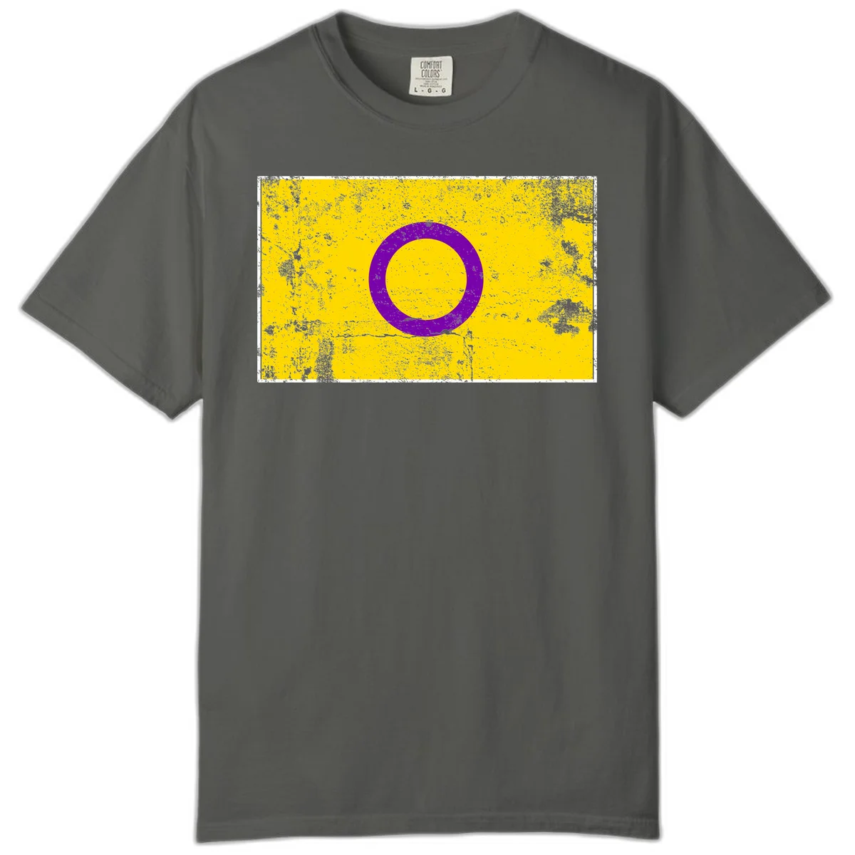 Purple circle ring on yellow background with distressed grunge texture overlay, minimalist geometric design in Pepper