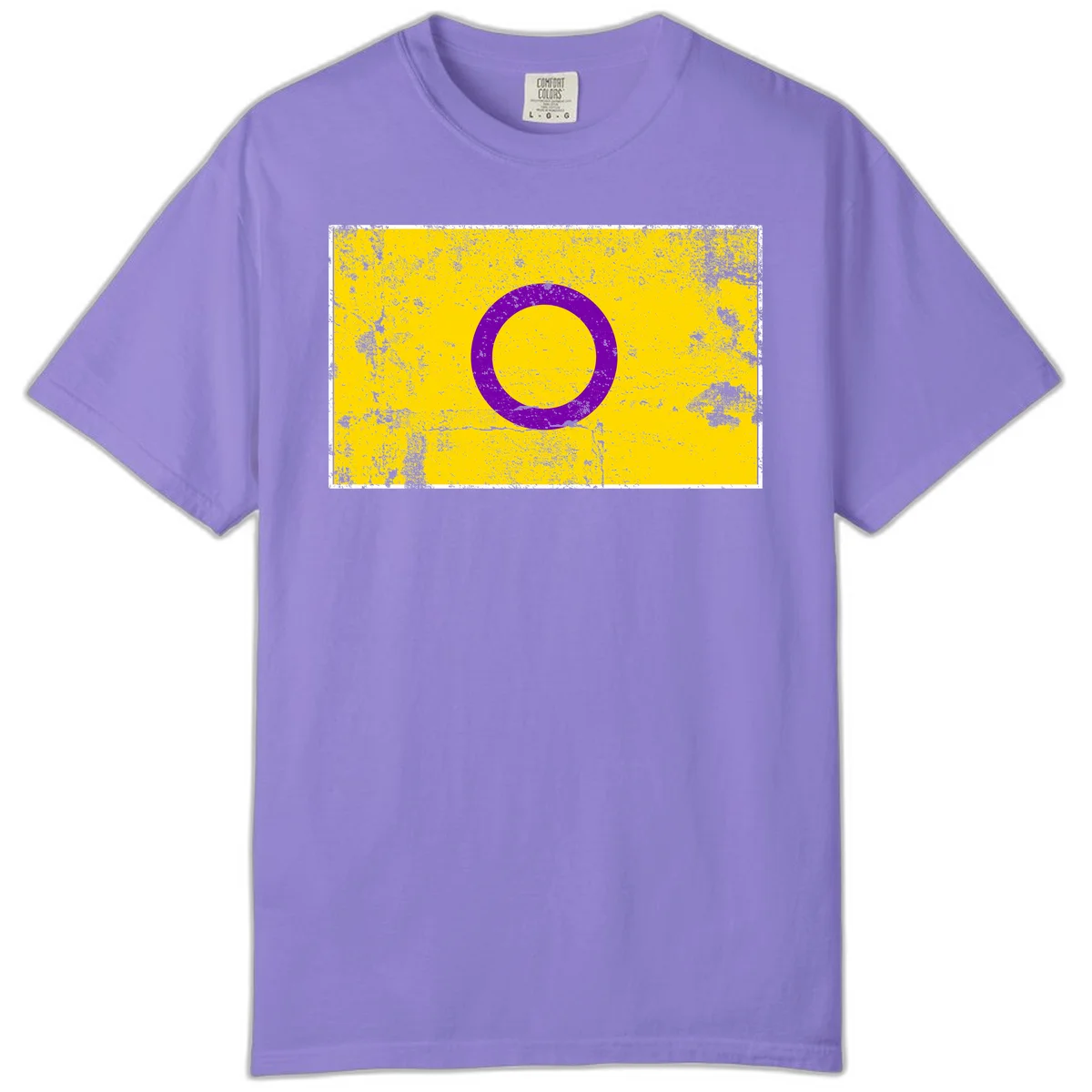 Purple circle ring on yellow background with distressed grunge texture overlay, minimalist geometric design in Violet
