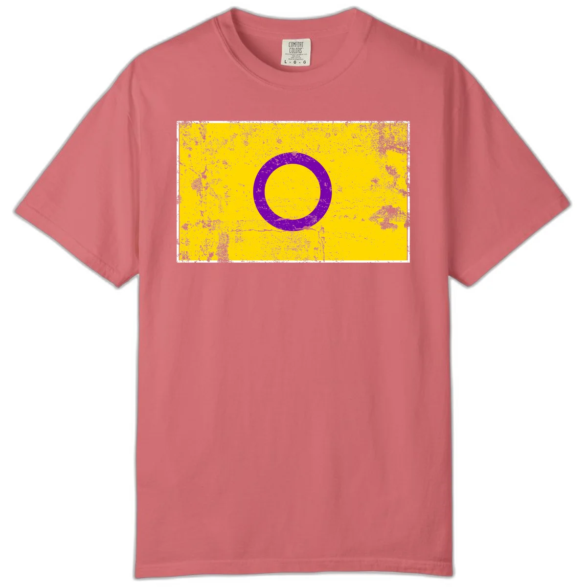 Purple circle ring on yellow background with distressed grunge texture overlay, minimalist geometric design in Watermelon