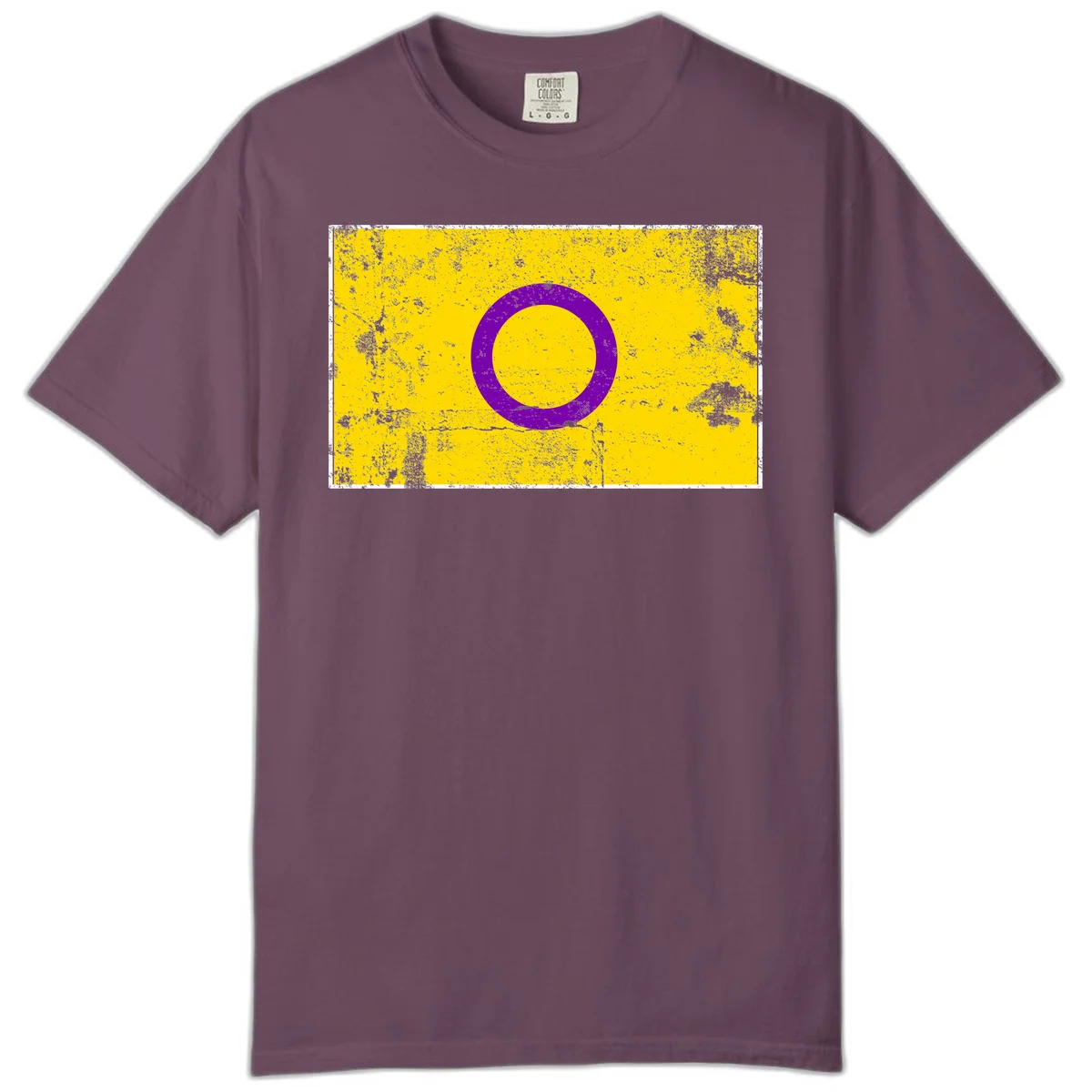 Purple circle ring on yellow background with distressed grunge texture overlay, minimalist geometric design in Berry