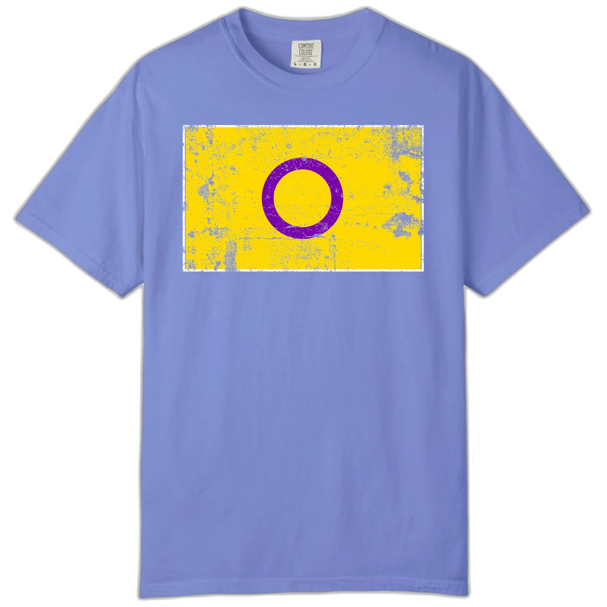 Purple circle ring on yellow background with distressed grunge texture overlay, minimalist geometric design in Flo Blue