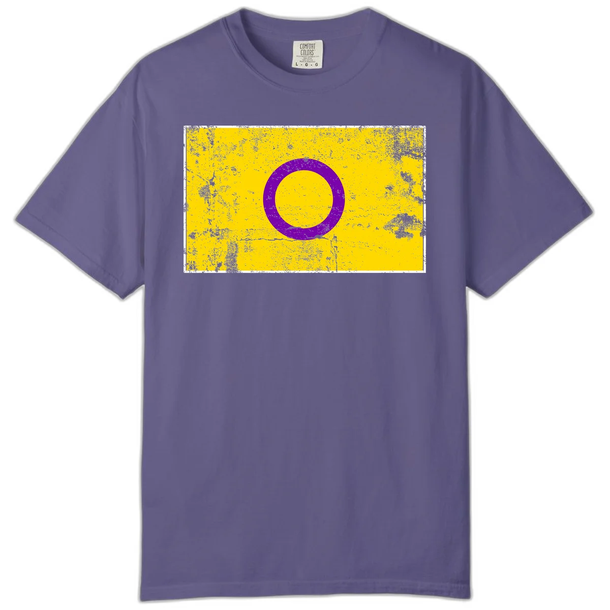Purple circle ring on yellow background with distressed grunge texture overlay, minimalist geometric design in Grape
