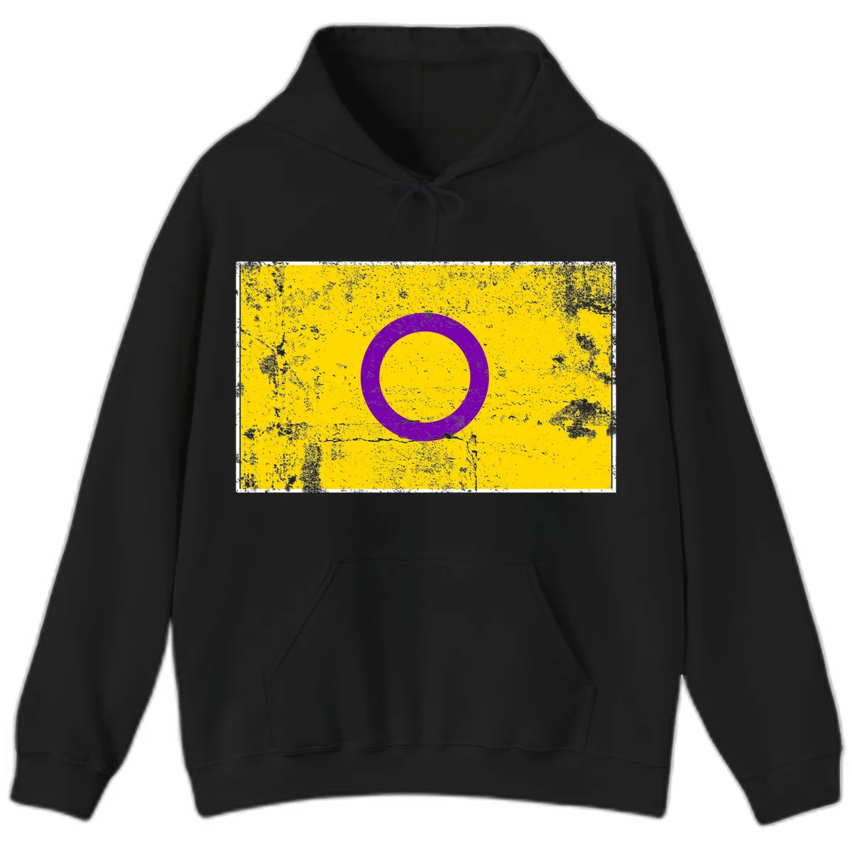 Purple circle ring on yellow background with distressed grunge texture overlay, minimalist geometric design in Black