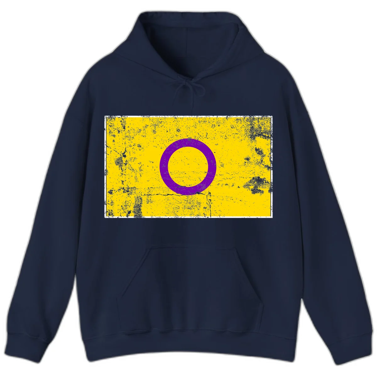 Purple circle ring on yellow background with distressed grunge texture overlay, minimalist geometric design in Navy