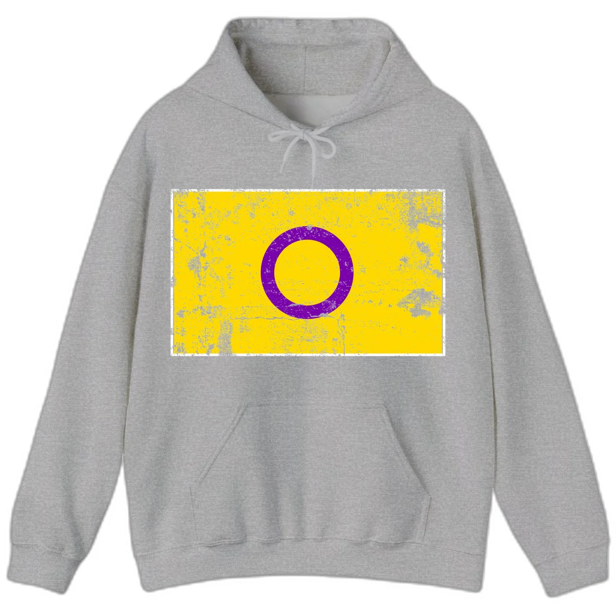 Purple circle ring on yellow background with distressed grunge texture overlay, minimalist geometric design in Sport Grey