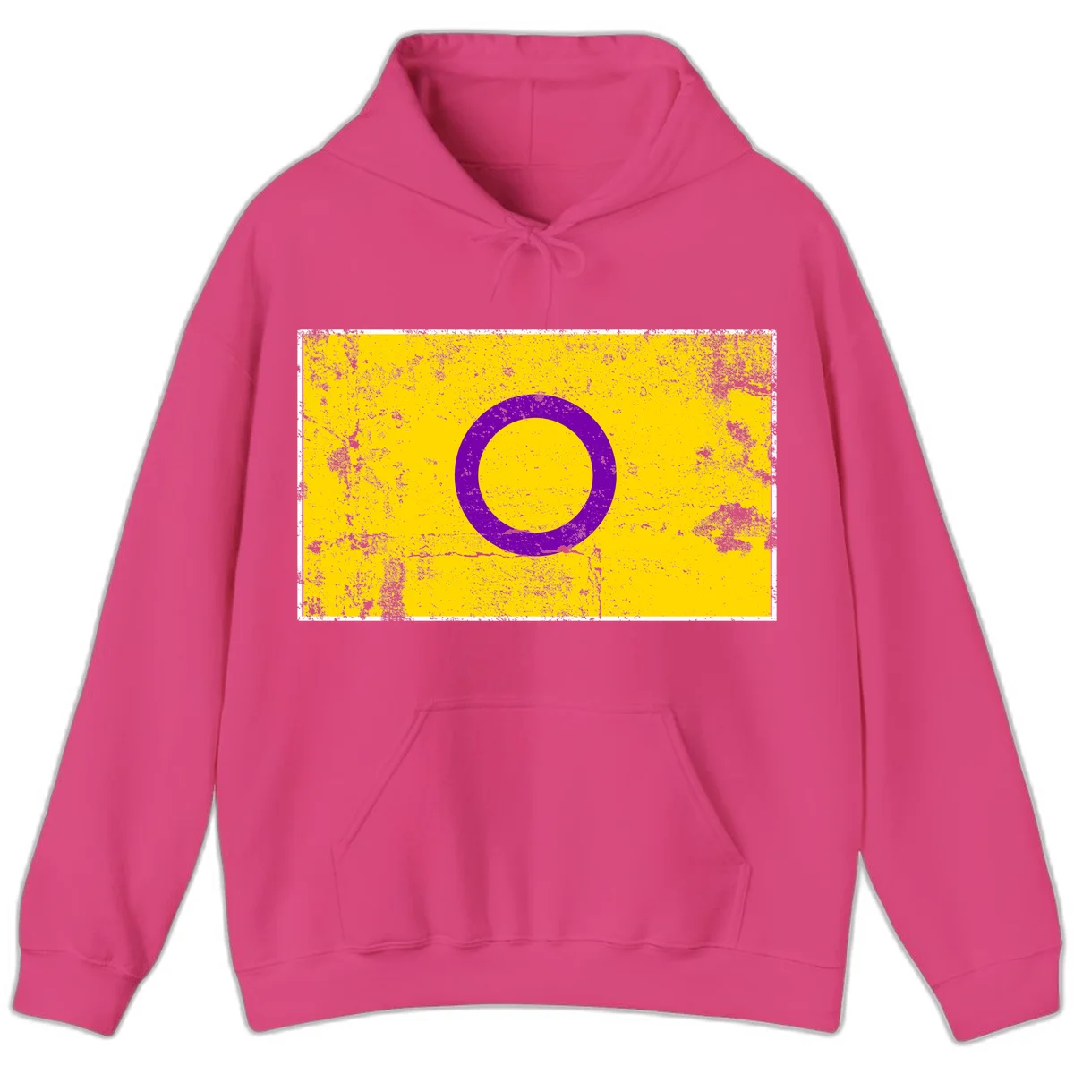 Purple circle ring on yellow background with distressed grunge texture overlay, minimalist geometric design in Heliconia