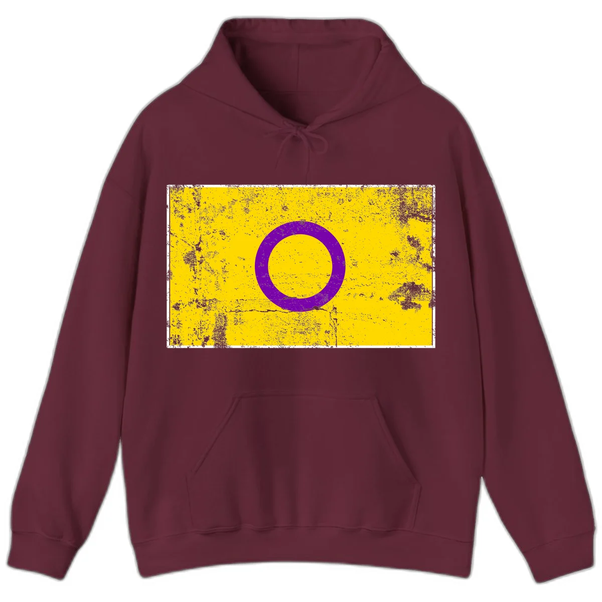Purple circle ring on yellow background with distressed grunge texture overlay, minimalist geometric design in Maroon