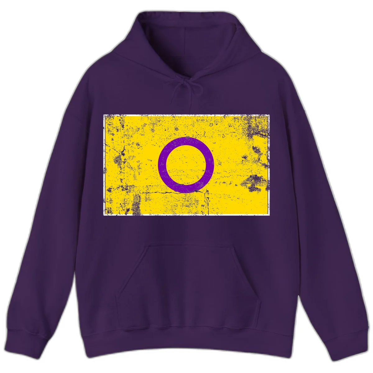Purple circle ring on yellow background with distressed grunge texture overlay, minimalist geometric design in Purple