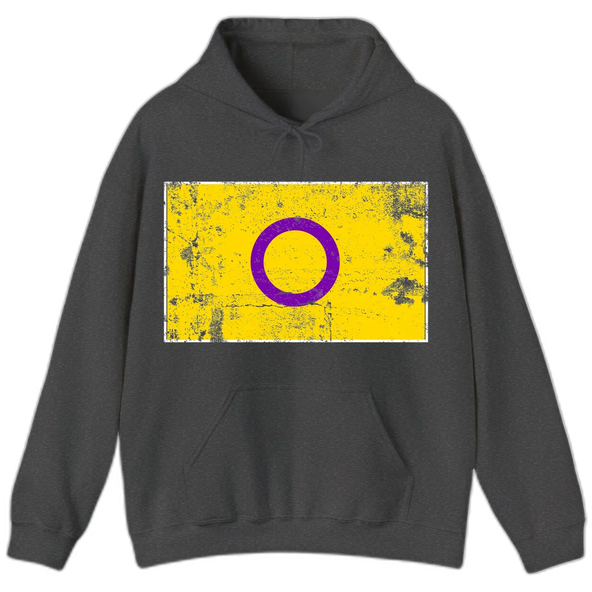Purple circle ring on yellow background with distressed grunge texture overlay, minimalist geometric design in Dark Heather